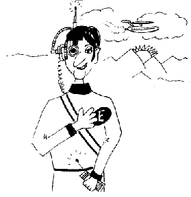 Drawing of a person with high-tech implants and spaceship in the background