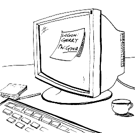 Drawing of a computer with hand written note showing logon and password